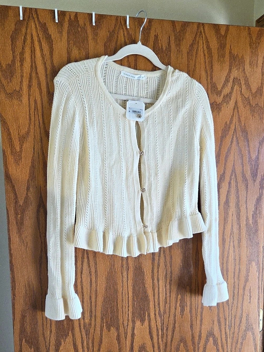 Altar'd State Cable Knit Ruffle Hem Cardigan Cream Large